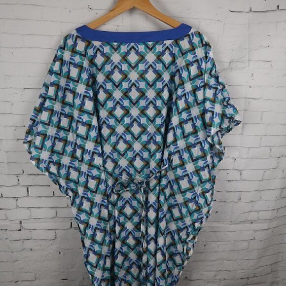 NEXT BEACHWEAR WHITE BLUE GREEN GOLD BLACK GEOMETRIC DESIGN KAFTAN COVER UP - Picture 9 of 13